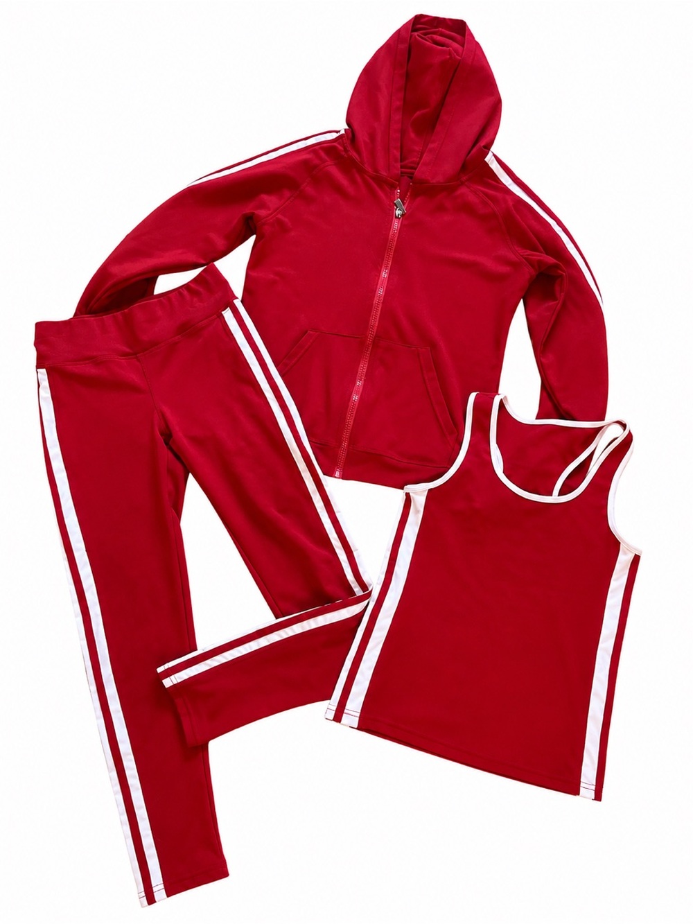 Women’s 3-piece athletic set in red with white details. Includes a hooded zip-up